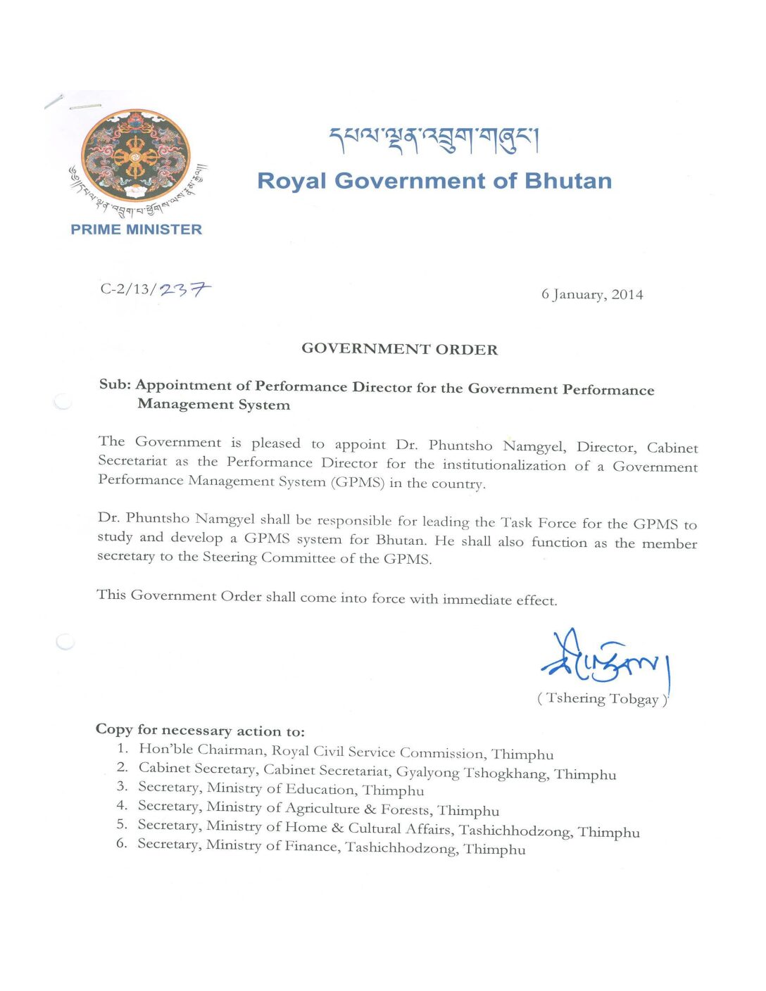 Appointment of Performance Director for the Government Performance Management System