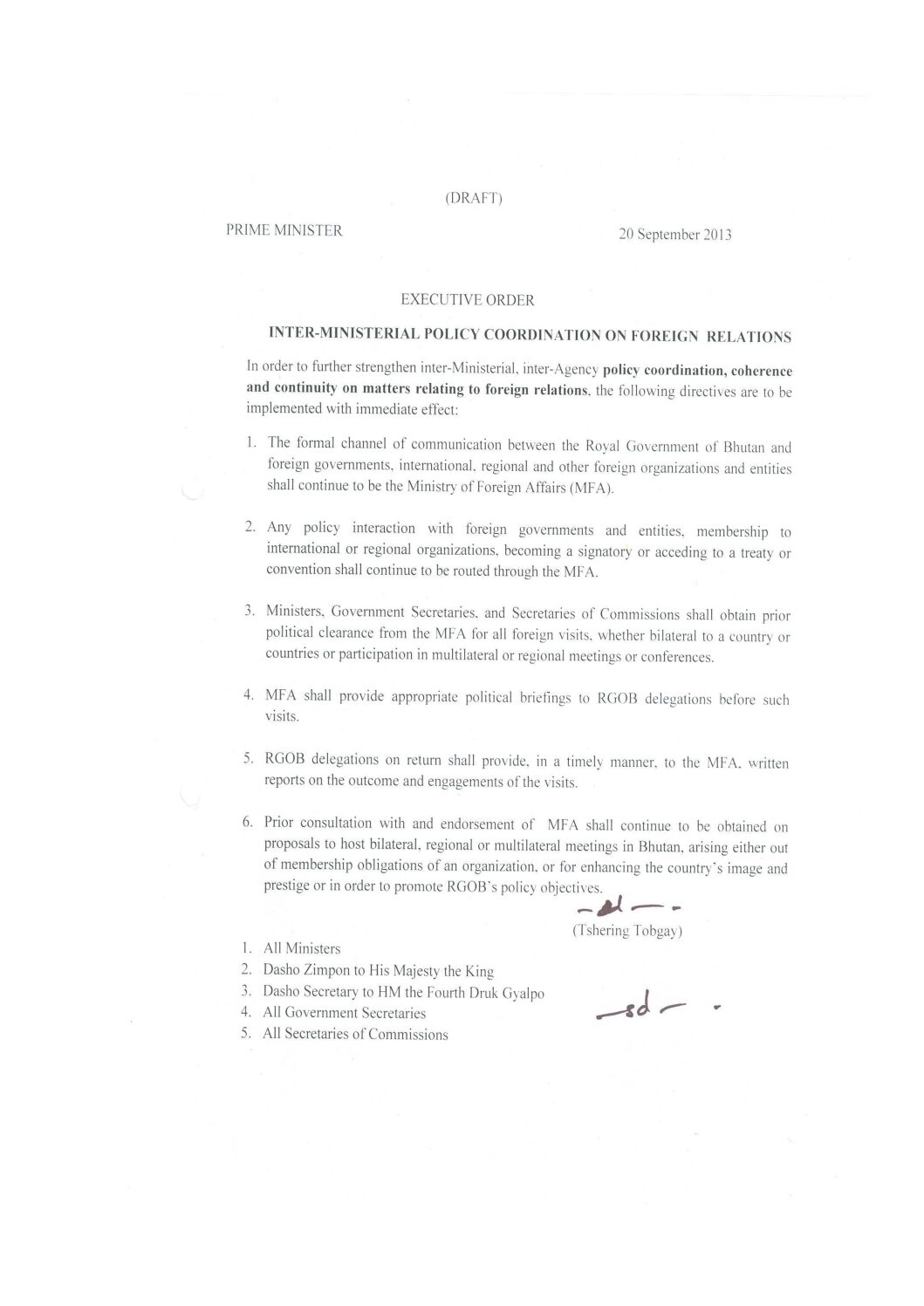 Executive Order on Inter- Ministerial Policy Coordination on Foreign Relation