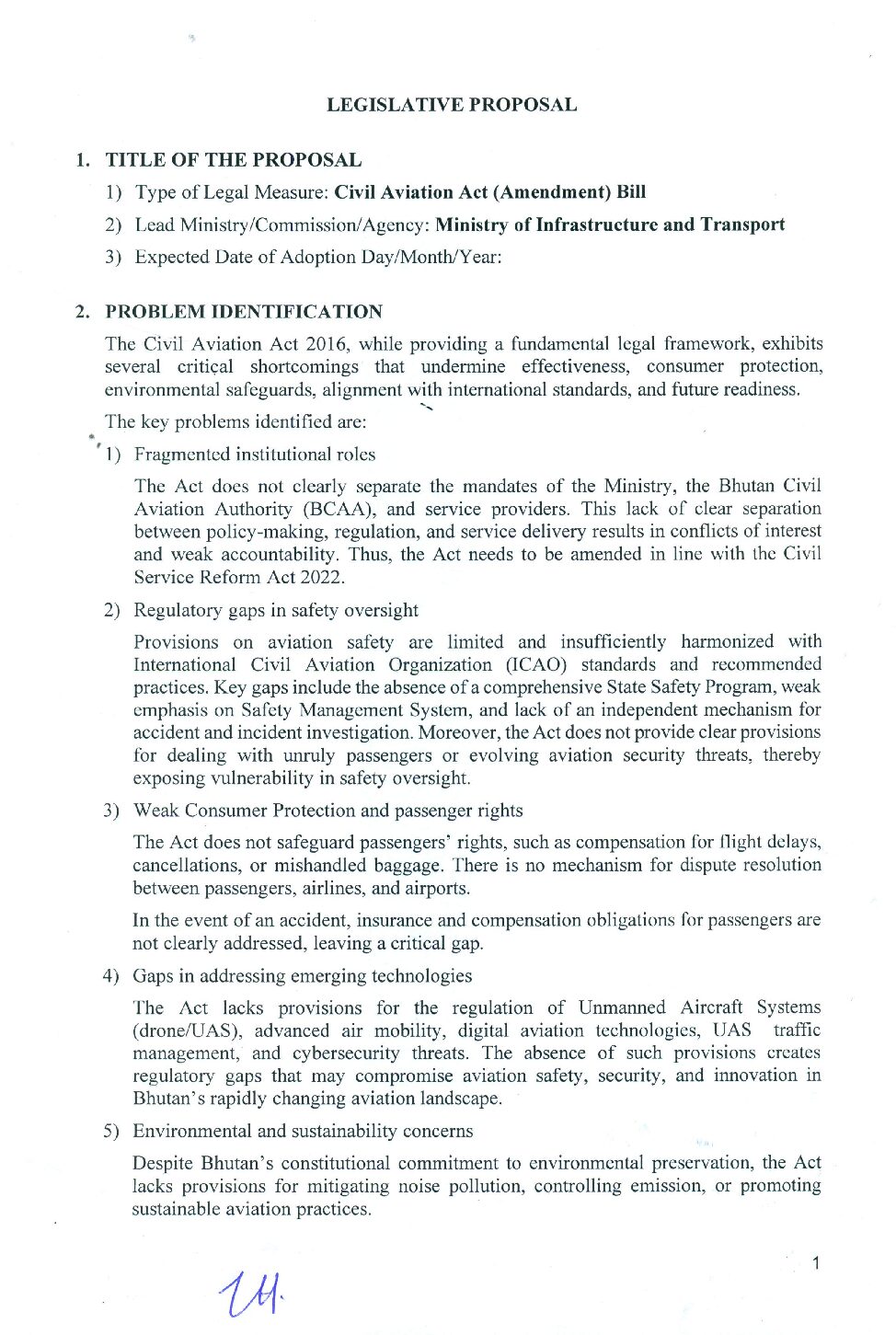 Legislative Proposal for Civil Aviation Amendment Bill