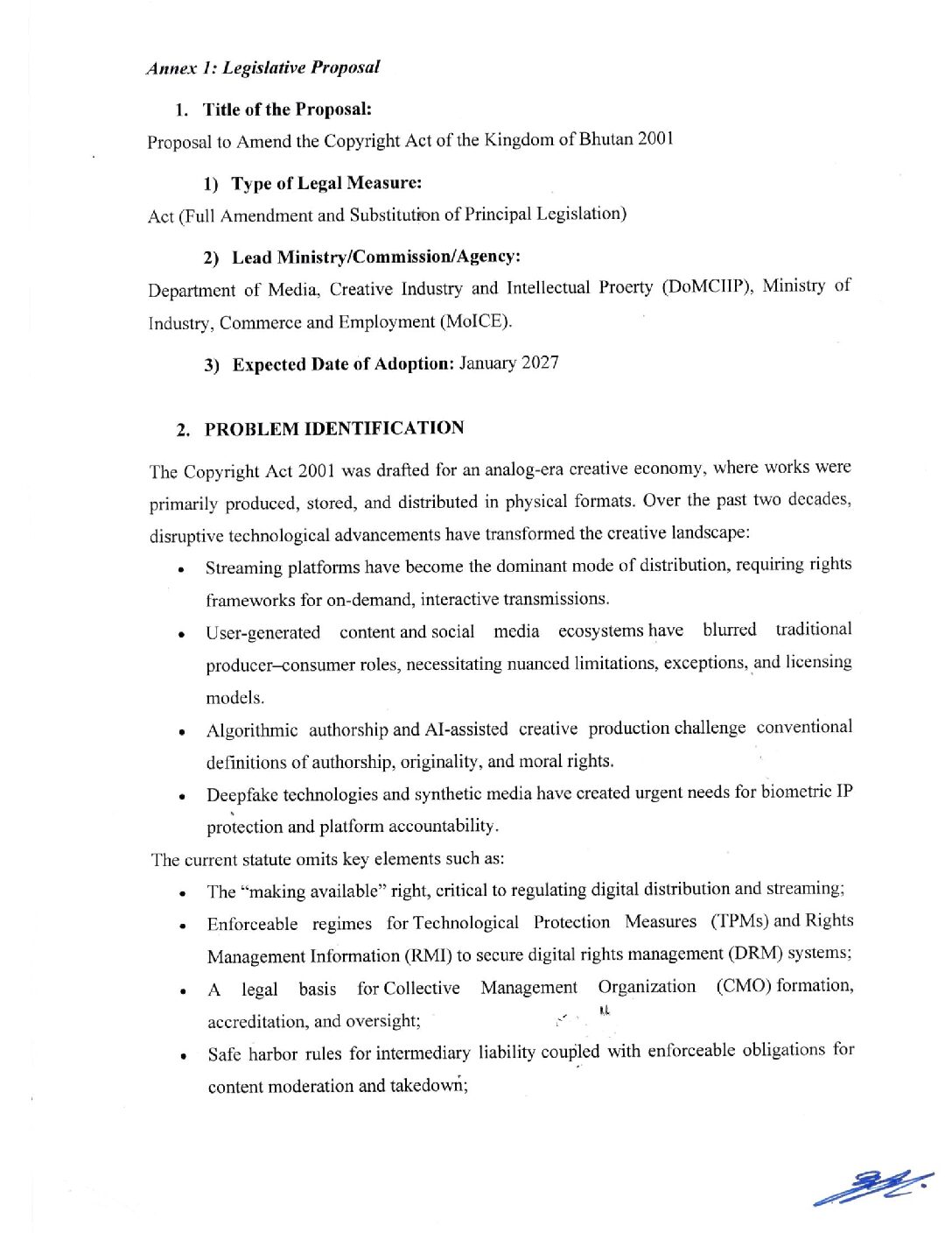 Legislative Proposal for amendment of Copyright Act 2001