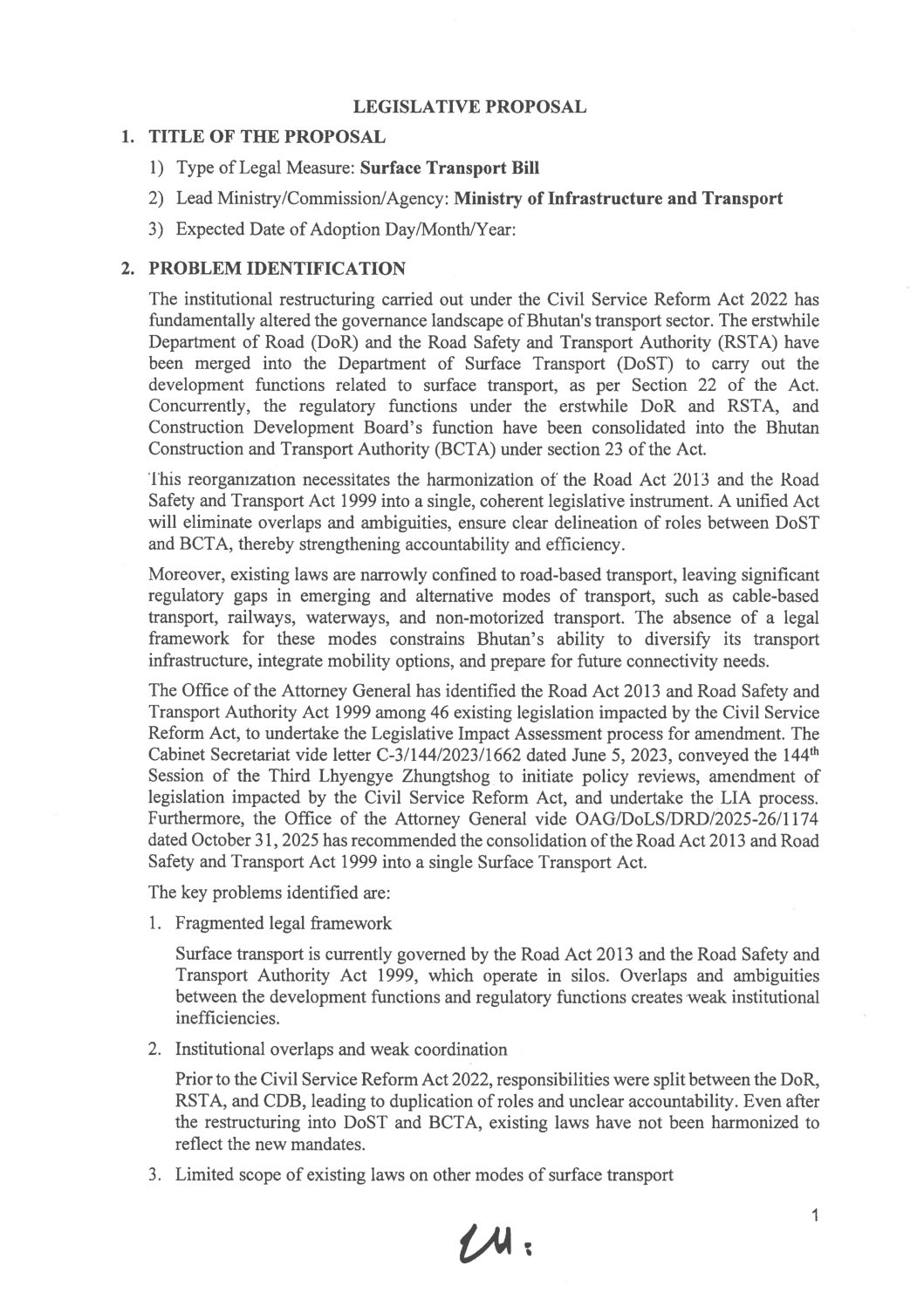 Surface Transport Bill -Legisaltive Proposal