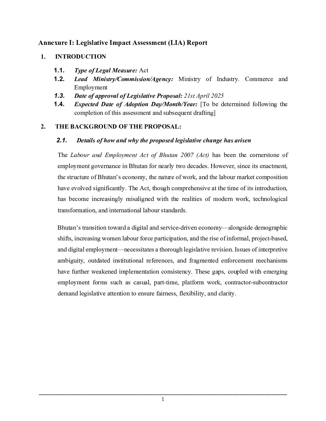 Legislative Impact Assessment Report on Amendment of Labour and Employment Act of Bhutan 2007