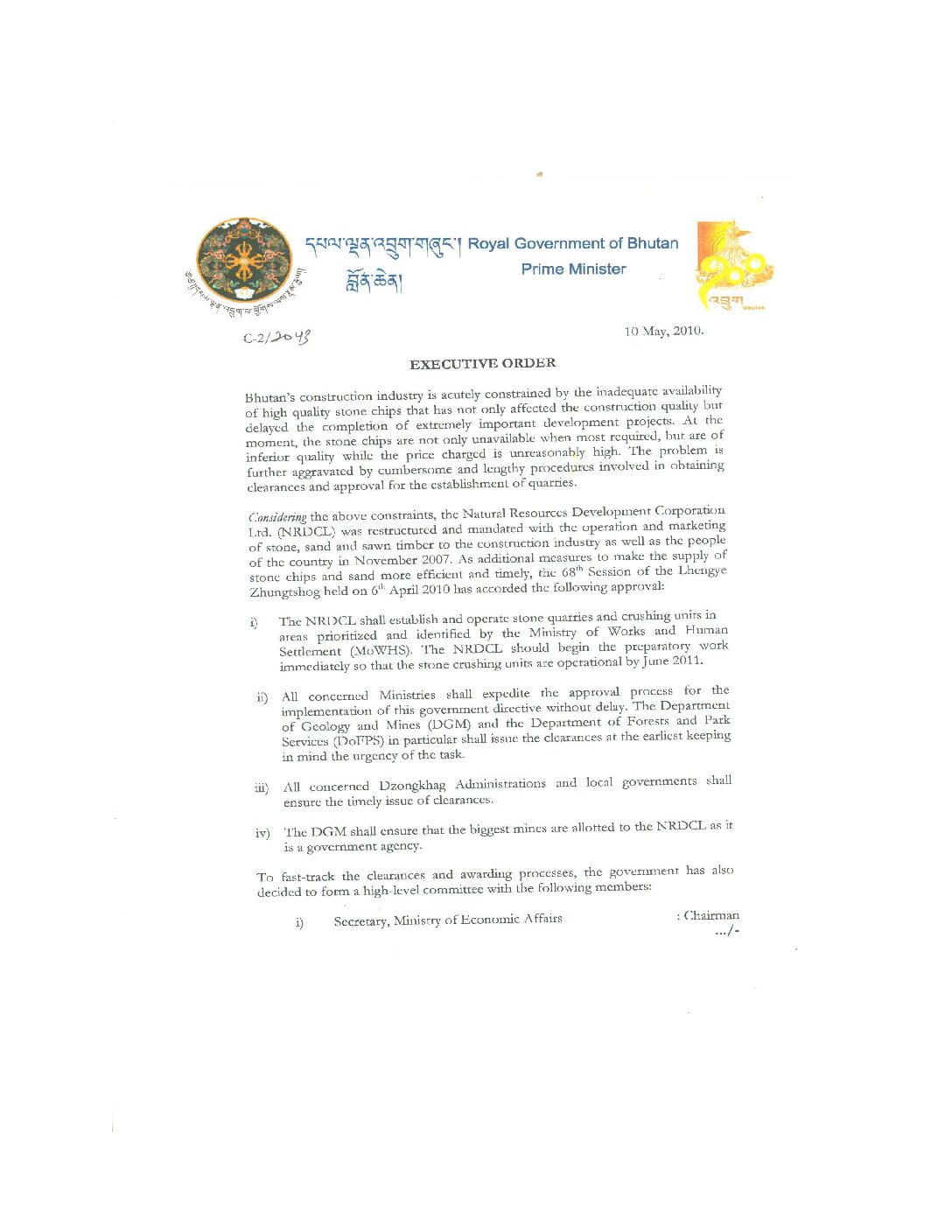 Executive Order on Stone Quarries